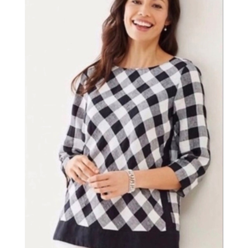 J.Jill Love Linen Buffalo Plaid Tunic Top Black White 3/4 Sleeve Size Small